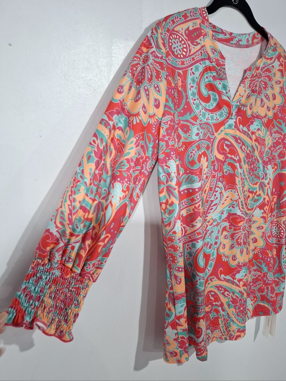 LOMON Paisley Multicolor V-Neck Tunic Top Smocked 3/4 Sleeves Soft Casual Sz M - Picture 5 of 15